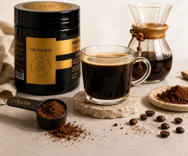 Mesinor Form Coffee paketi, ölçek kaşığında kahve tozu ve cam fincanda hazırlanmış kahve